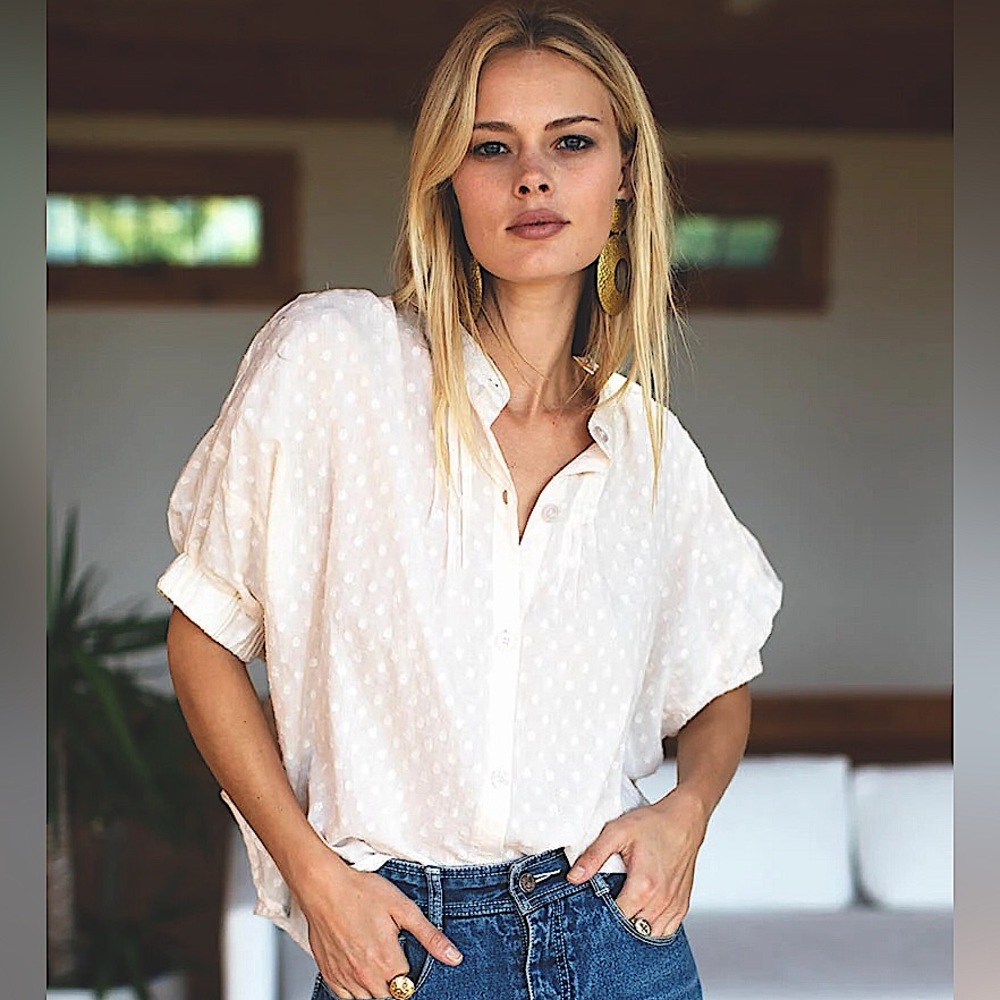 EMERSON FRY Mandarin Collar Top - Salt Swiss Dot Organic